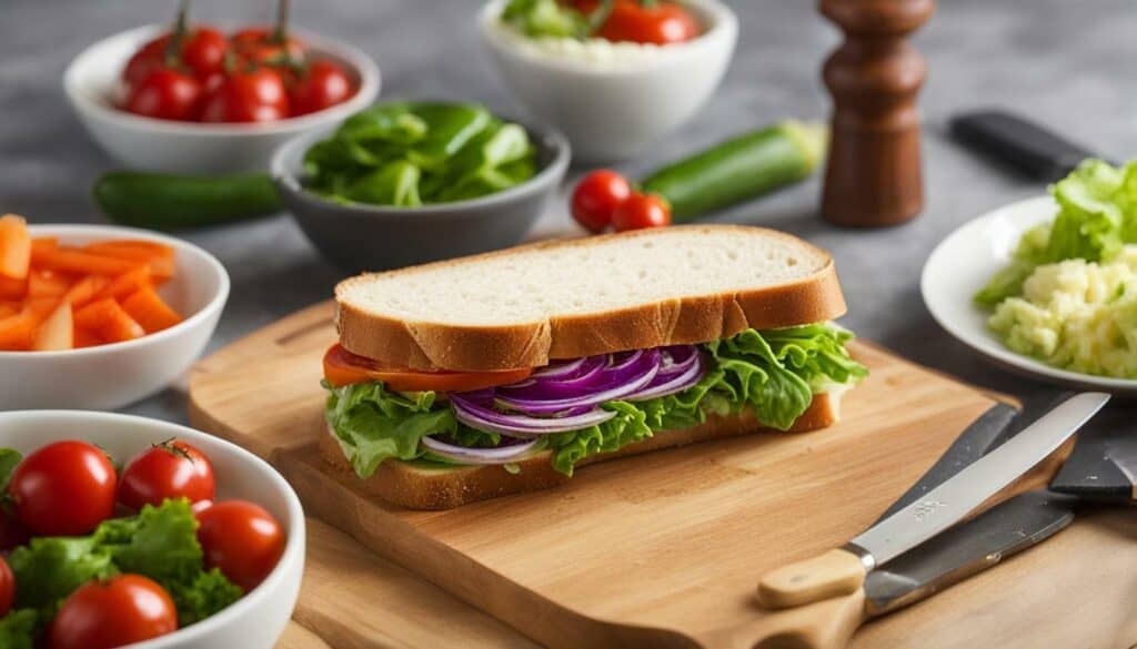 low-calorie bread and butter sandwich with fresh vegetables