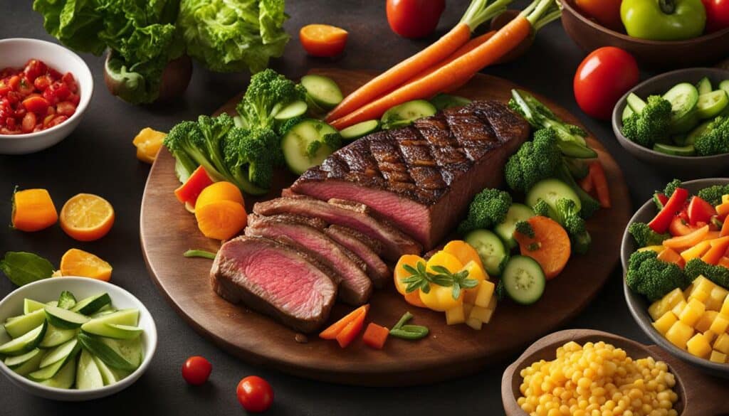 steak with vegetables and fruits