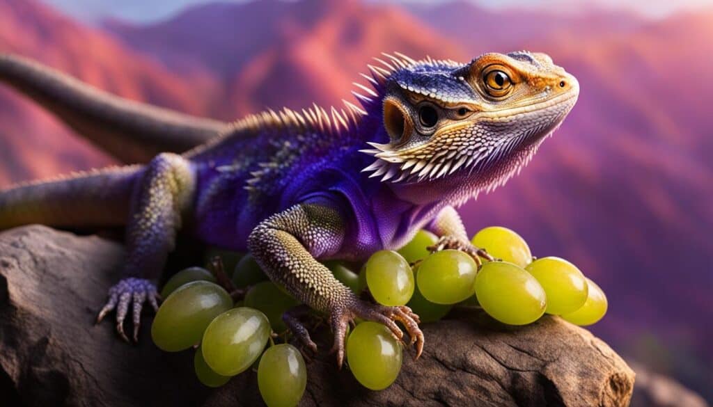 Bearded dragon with grapes