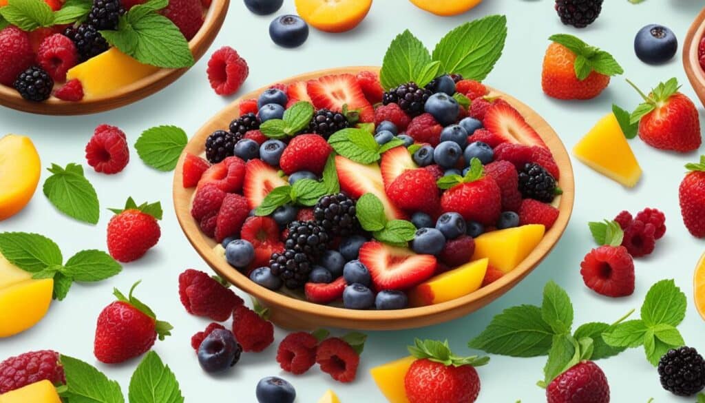 Fruit salad with extra berries and mint leaves