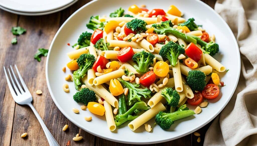 Creamy Vegan Pasta Primavera with Pine Nuts