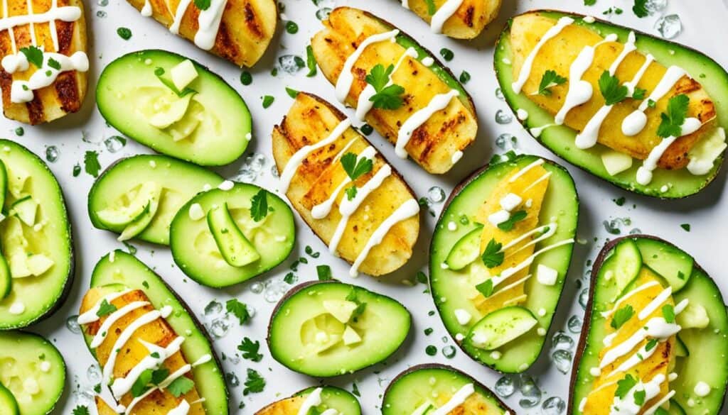 baked potato wedges, cucumber slices, cauliflower pieces, low-fat dip, hummus