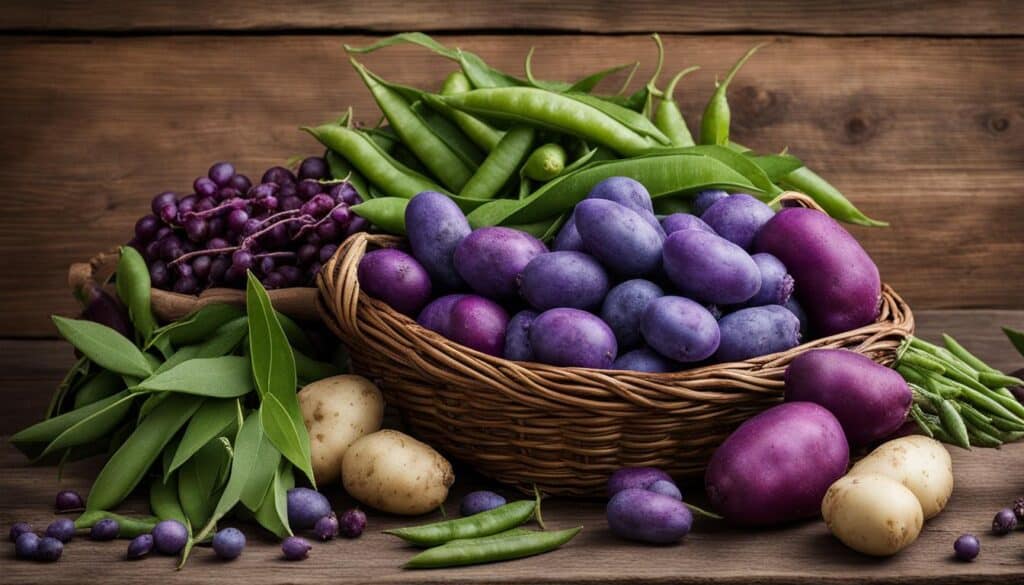 blue salad potatoes and purple magnolia sugar snap peas