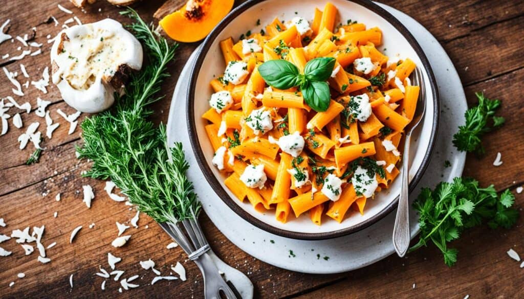 creamy coconut baked pasta with roasted red kuri squash