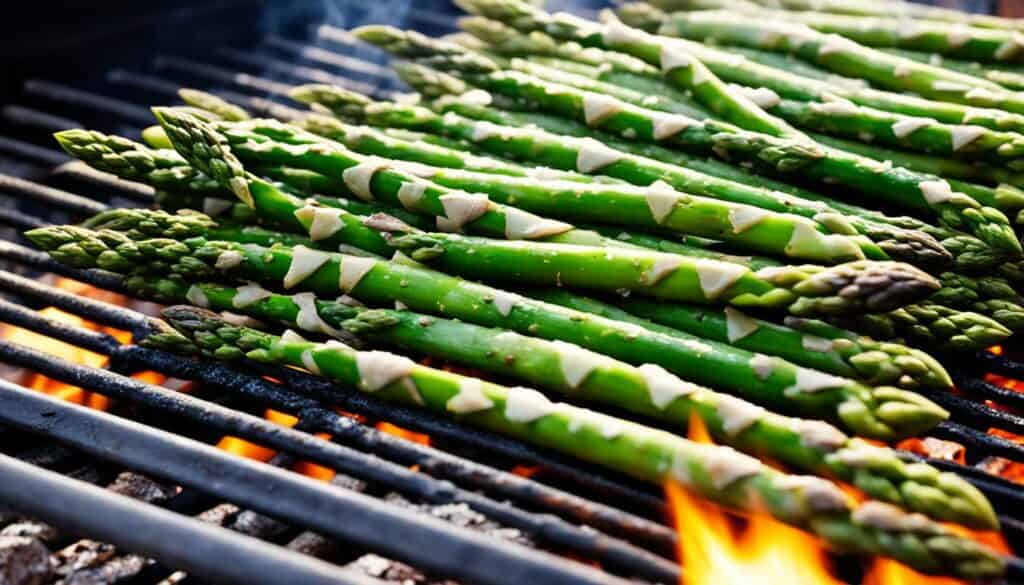 grilling asparagus on the barbecue