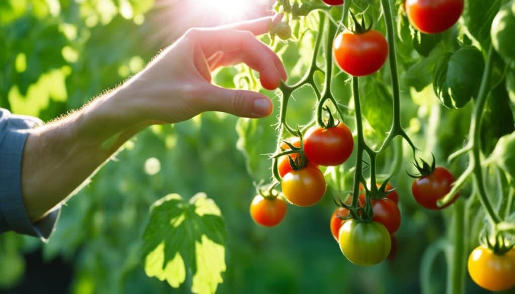 harvesting Mr. Stripey tomatoes