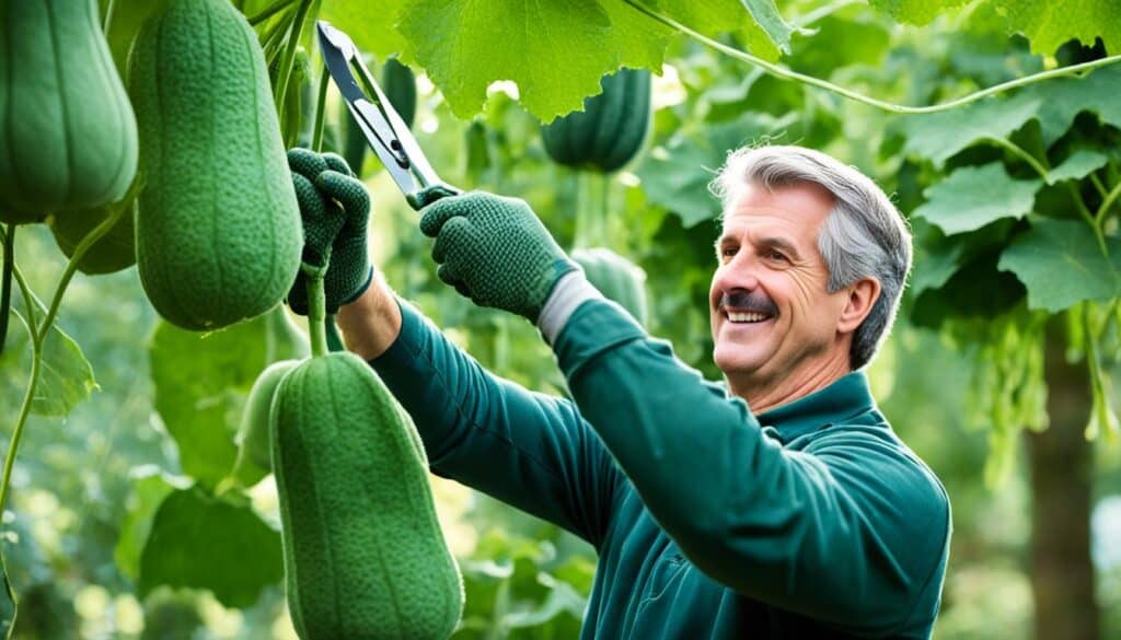 harvesting luffa gourds