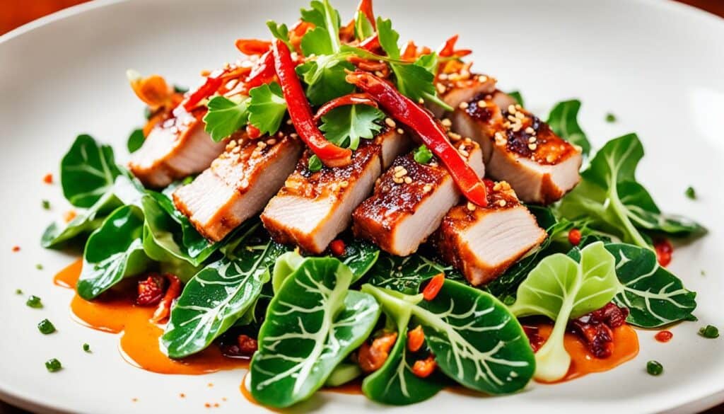 Chinese leaves and pork belly in a spicy mayonnaise sauce