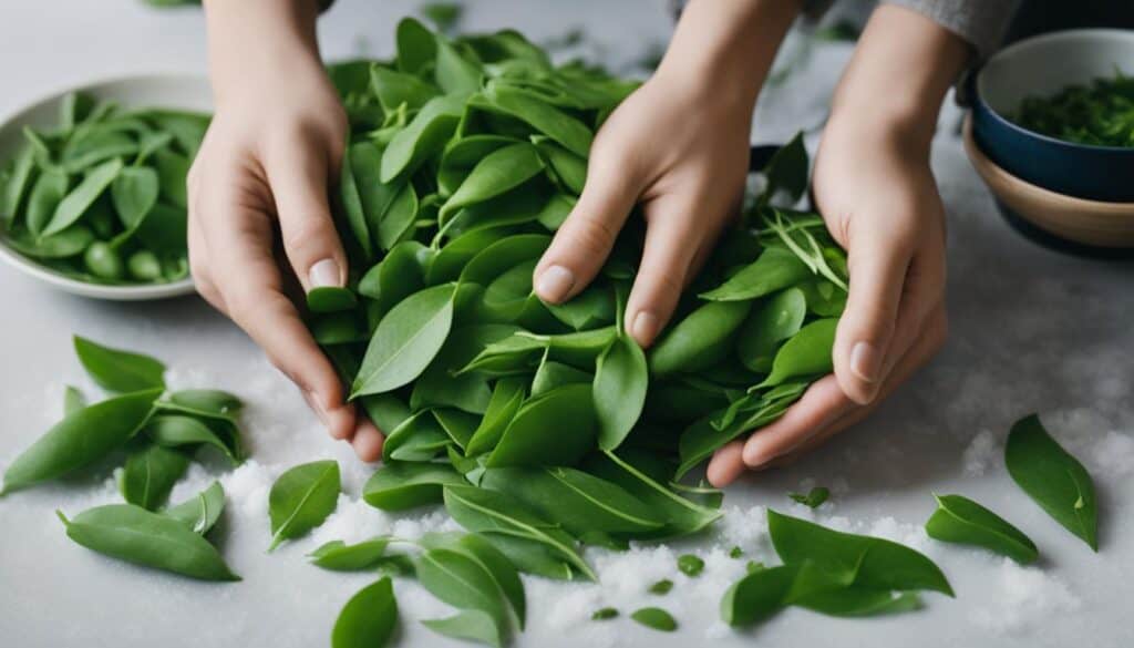 Selecting and cleaning snow pea leaves