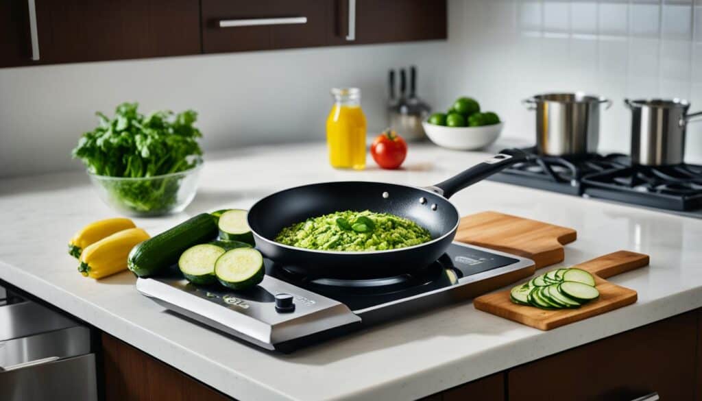 large skillet, liquid ingredient measuring cups, extra large cutting board