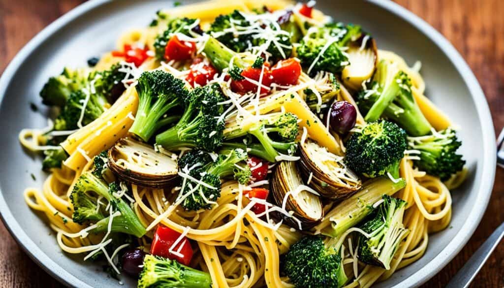 veggie pasta with roasted broccoli and artichokes